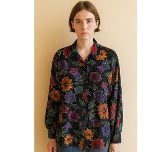 Vintage Floral Blouse - Black, Red, Orange, Purple